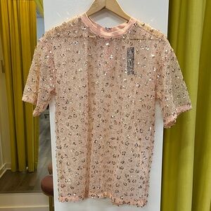 INA short sleeve floral sequin top in pink peach